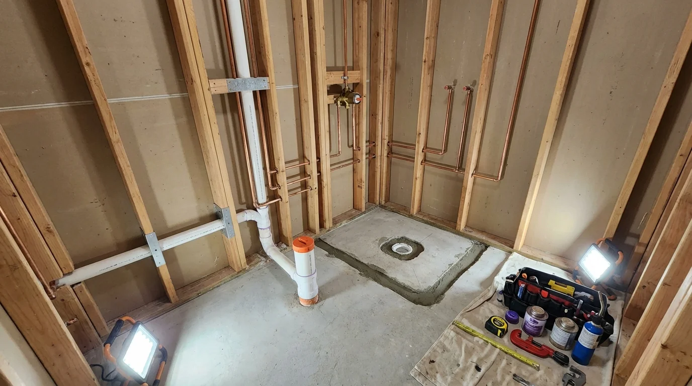 Bathroom rough-in plumbing during remodel by Johns Plumbing LLC in Brownsboro
