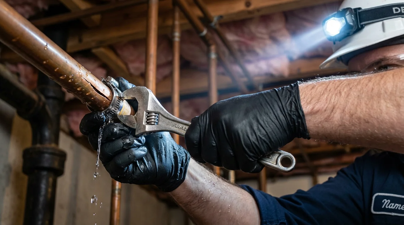 Emergency pipe clamp repair being performed by a Johns Plumbing LLC plumber in Brownsboro