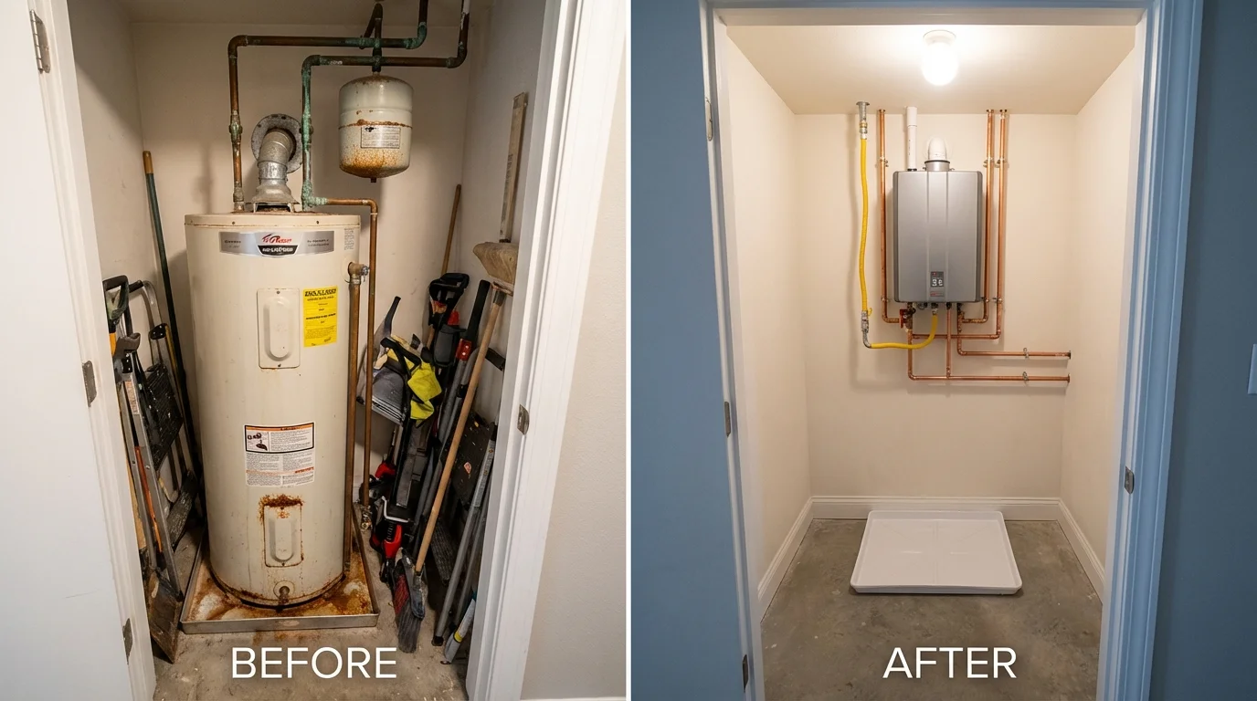 Tank water heater versus wall-mounted tankless unit comparison for Brownsboro, TX homeowners