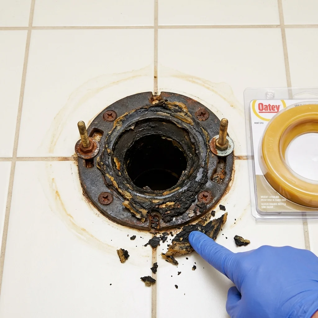 Failed wax ring showing water seepage at the base of a toilet in a Brownsboro, TX home
