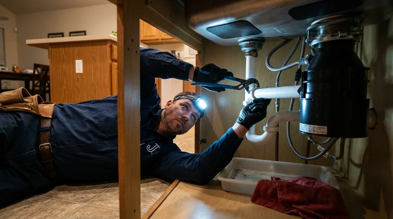 P-trap and supply line connections under a kitchen sink showing a common leak point in Brownsboro, TX